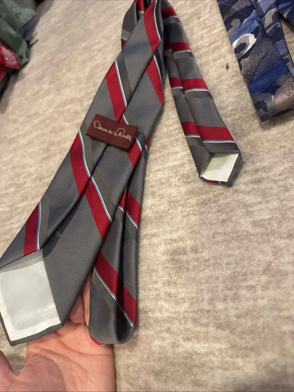 Bundle Oscar de la Renta Gray & Red Striped Tie with Blue Camouflage Tie